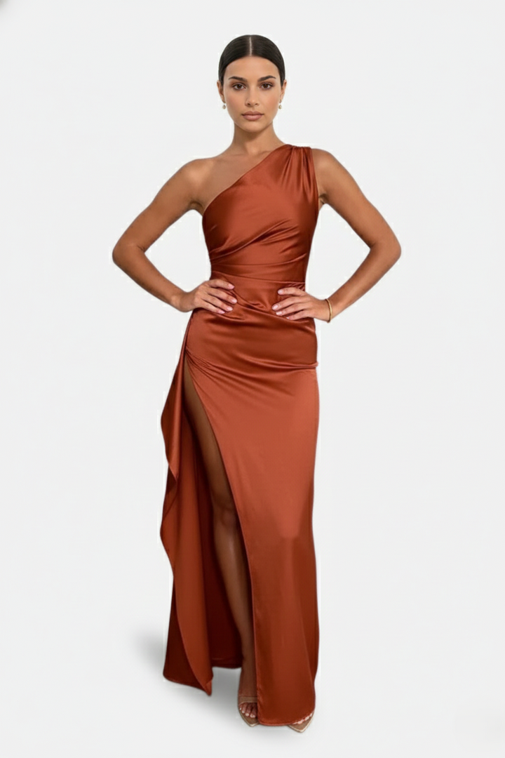 Satin One-Shoulder Maxi Dress High Side Slit