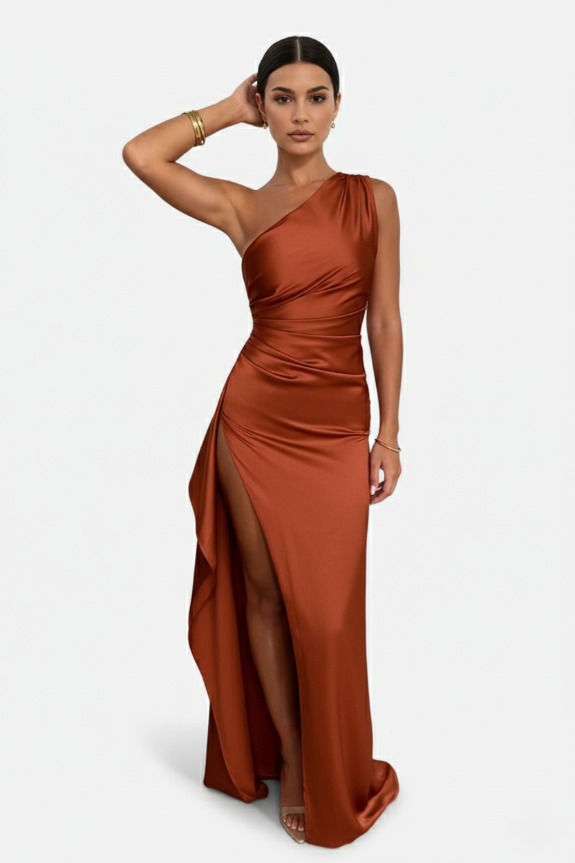Satin One-Shoulder Maxi Dress High Side Slit