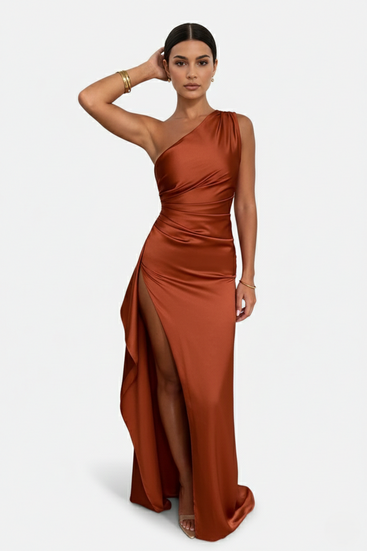 Satin One-Shoulder Maxi Dress High Side Slit