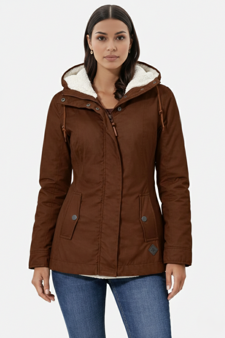 Waterproof Zip-Up Jacket with Fleece-Trim Hood and Pockets