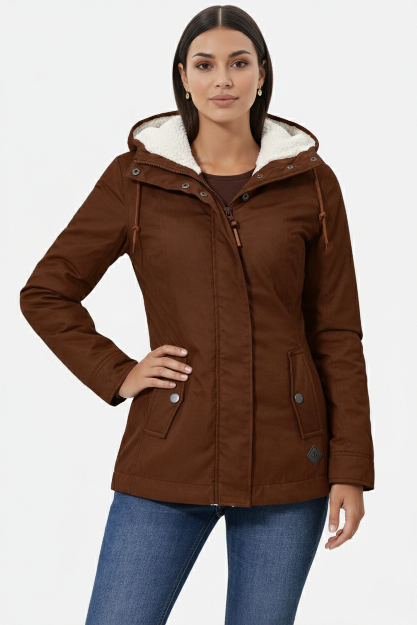 Waterproof Zip-Up Jacket with Fleece-Trim Hood and Pockets