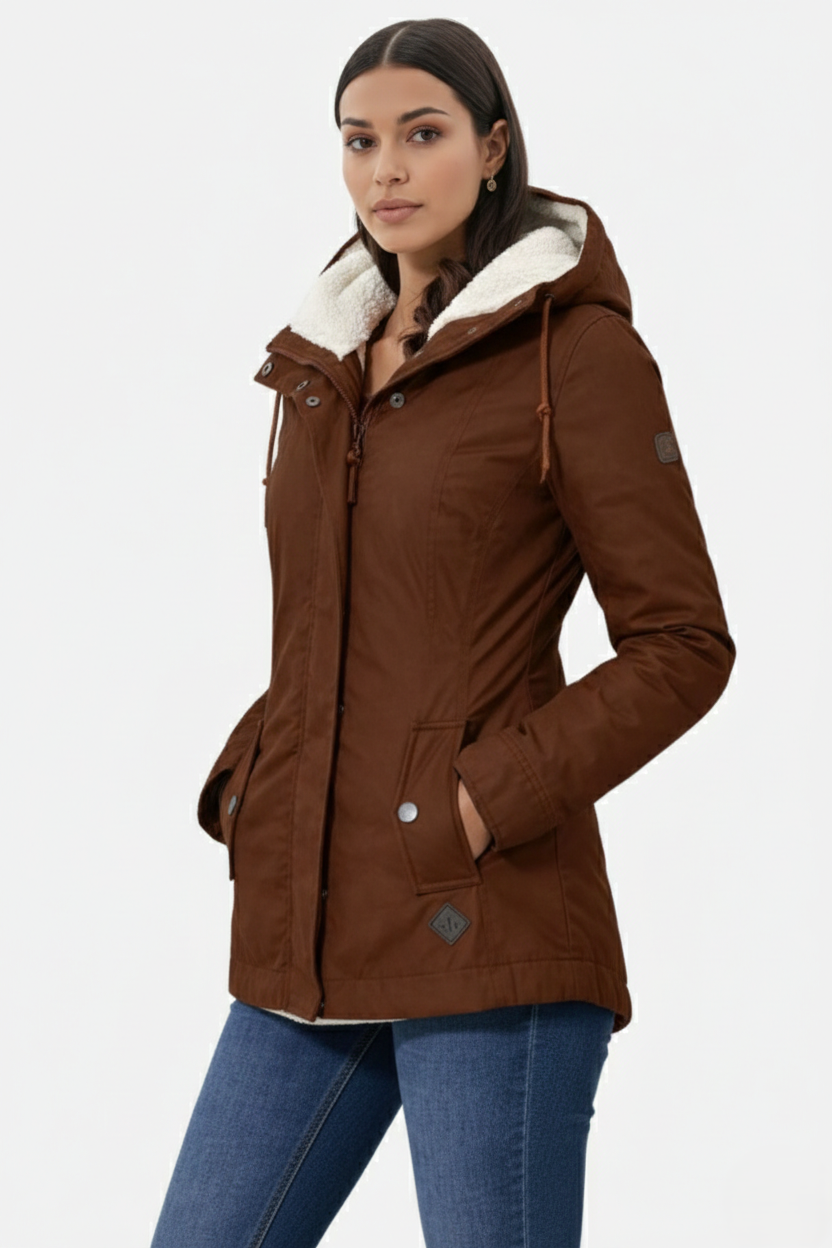 Waterproof Zip-Up Jacket with Fleece-Trim Hood and Pockets