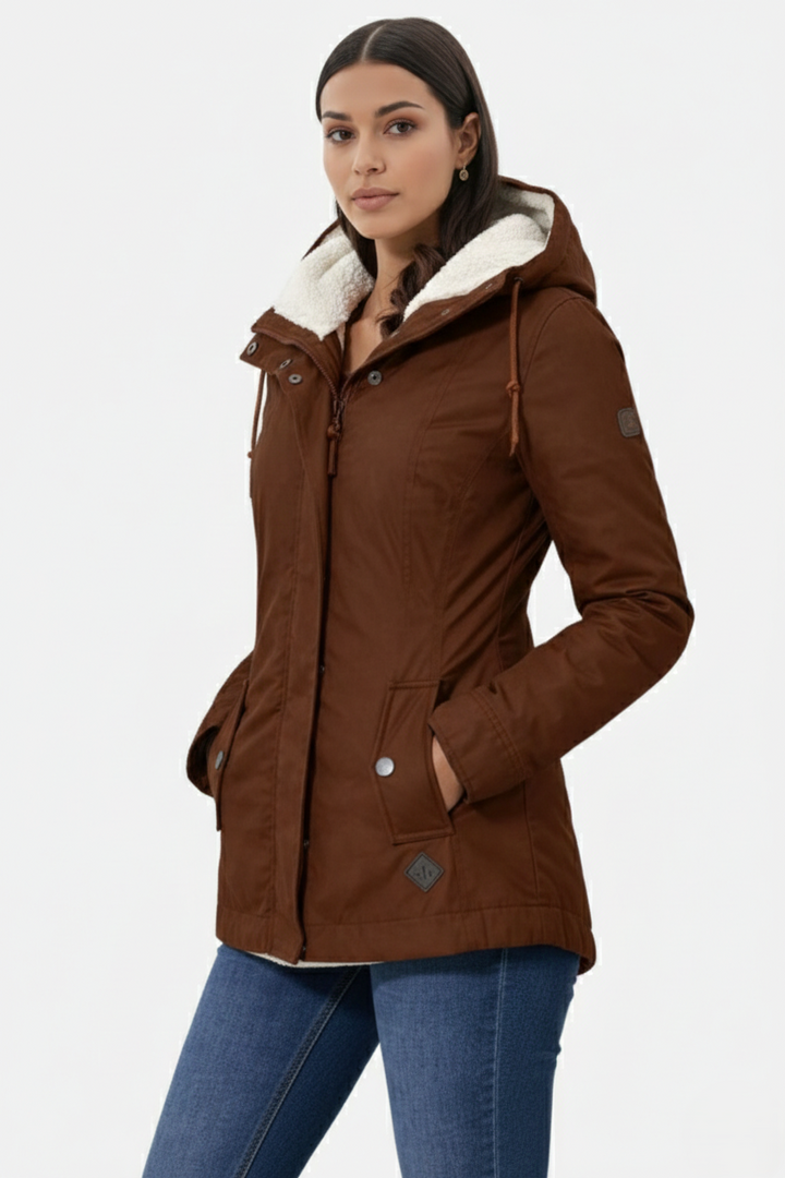 Waterproof Zip-Up Jacket with Fleece-Trim Hood and Pockets