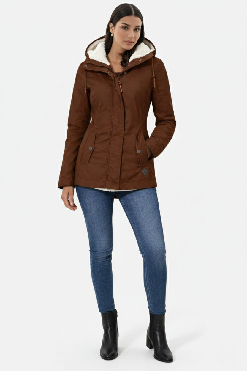 Waterproof Zip-Up Jacket with Fleece-Trim Hood and Pockets