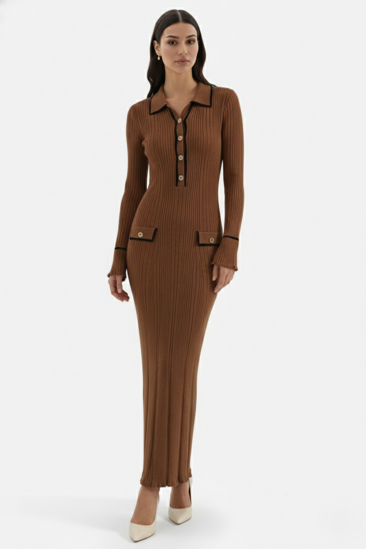 Knitted Polo Maxi Dress with Contrast Trim and Long Sleeves