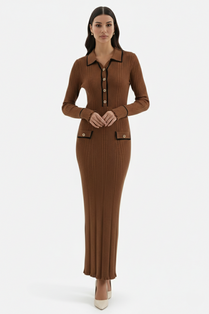 Knitted Polo Maxi Dress with Contrast Trim and Long Sleeves