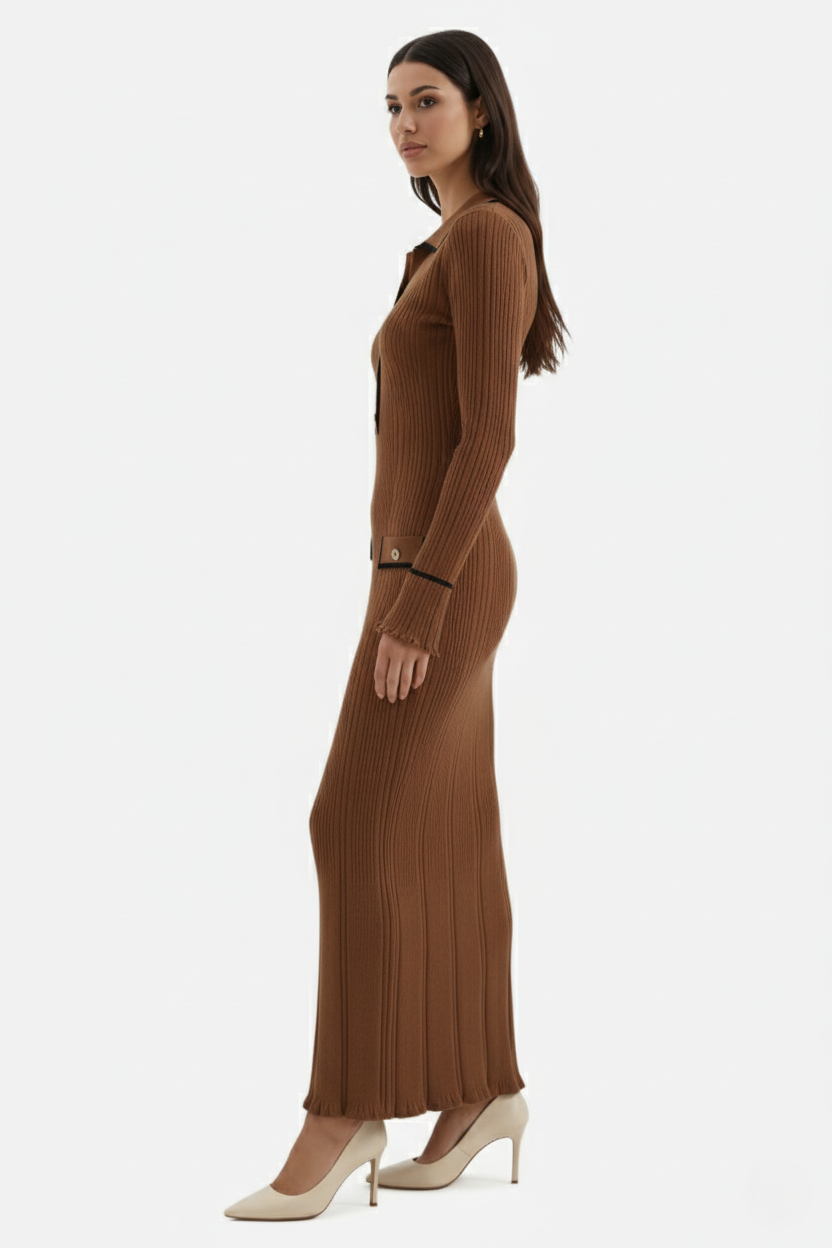 Knitted Polo Maxi Dress with Contrast Trim and Long Sleeves