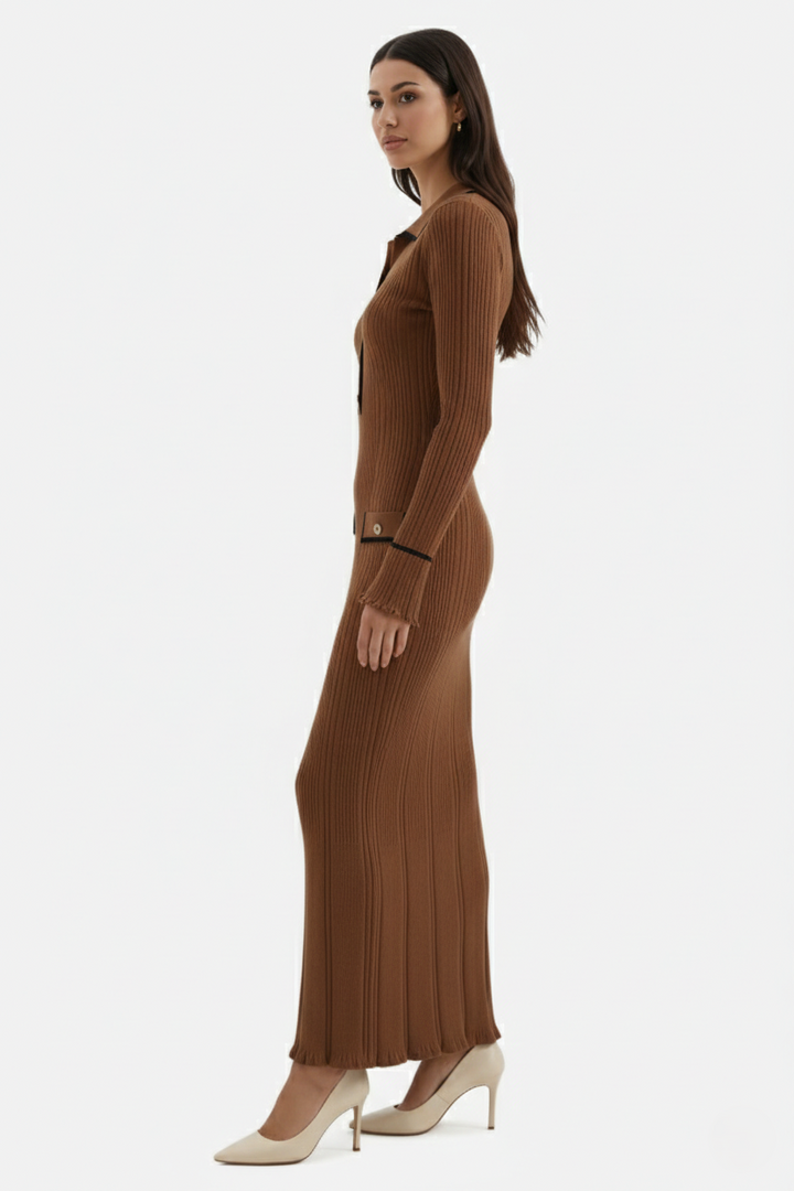Knitted Polo Maxi Dress with Contrast Trim and Long Sleeves