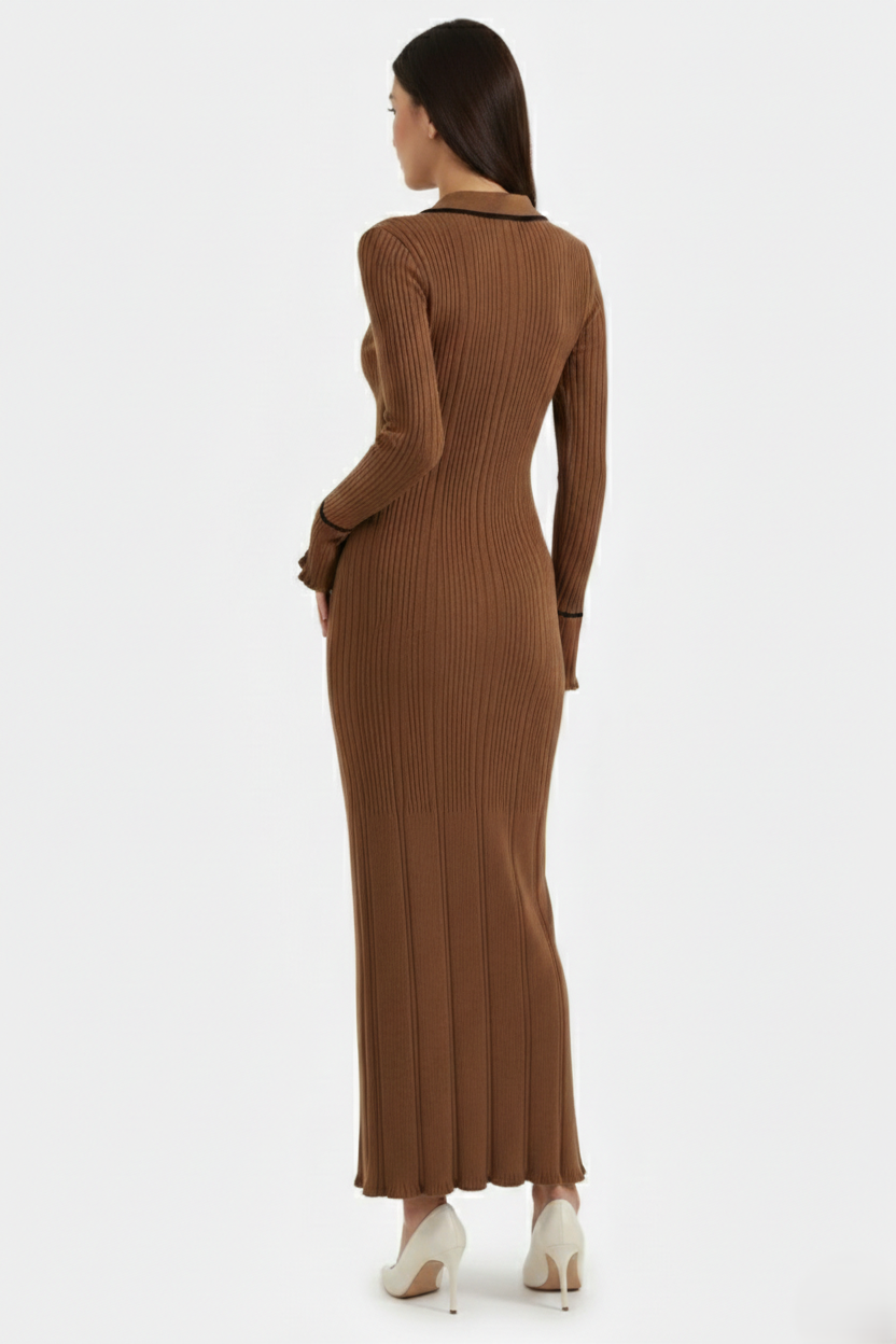 Knitted Polo Maxi Dress with Contrast Trim and Long Sleeves