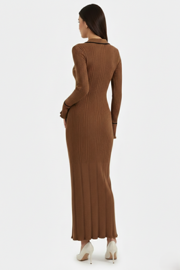 Knitted Polo Maxi Dress with Contrast Trim and Long Sleeves