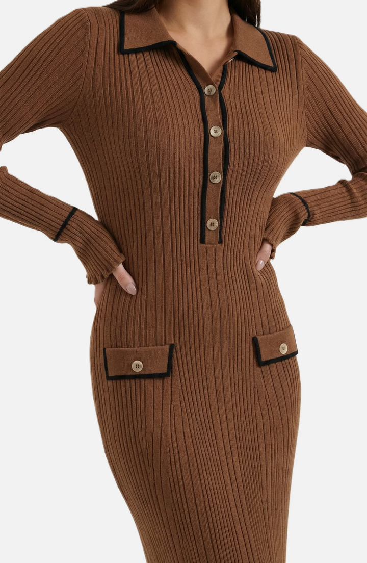 Knitted Polo Maxi Dress with Contrast Trim and Long Sleeves
