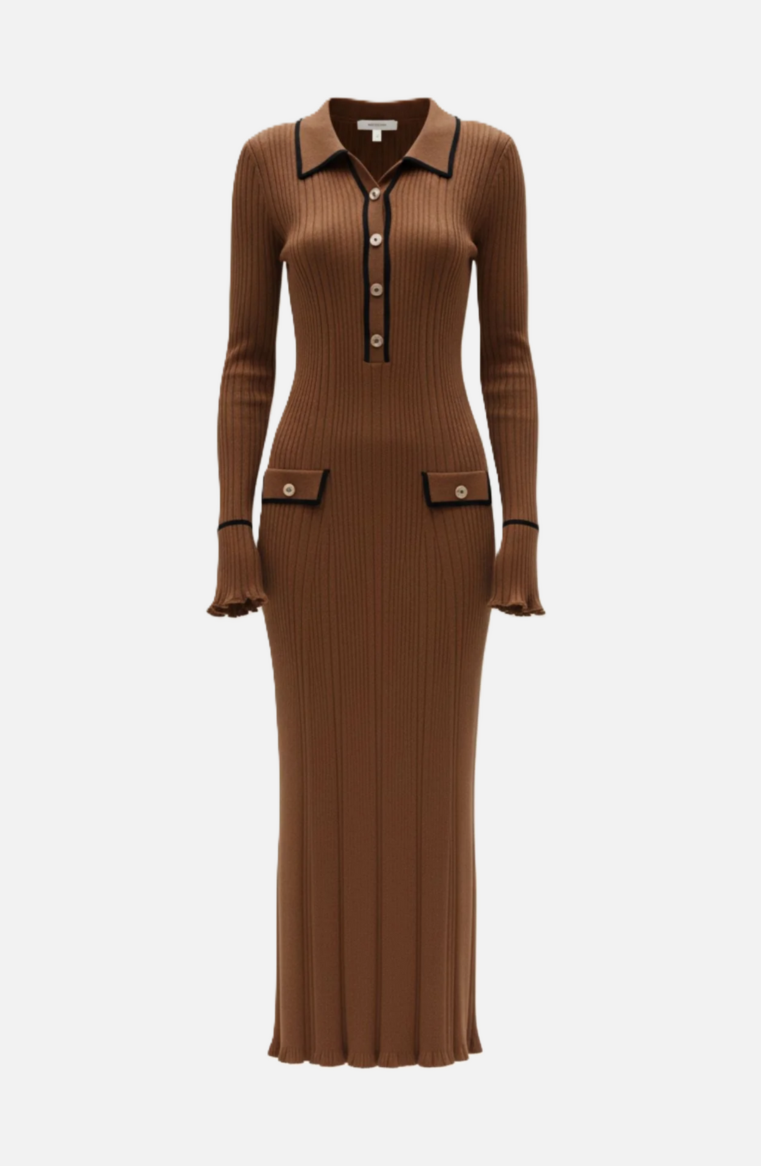 Knitted Polo Maxi Dress with Contrast Trim and Long Sleeves