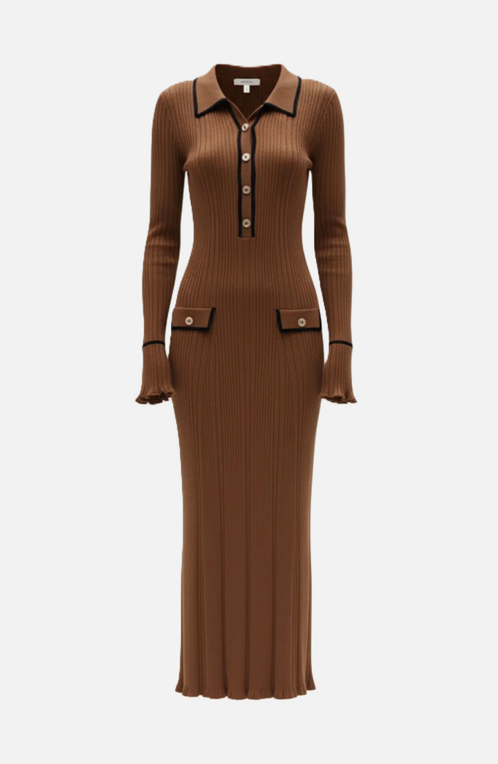 Knitted Polo Maxi Dress with Contrast Trim and Long Sleeves