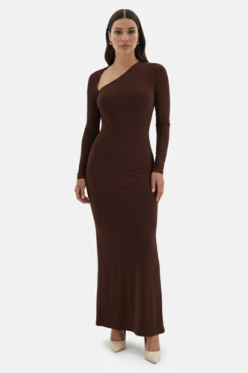 Bodycon Maxi Dress Asymmetric Cutout Long Sleeve