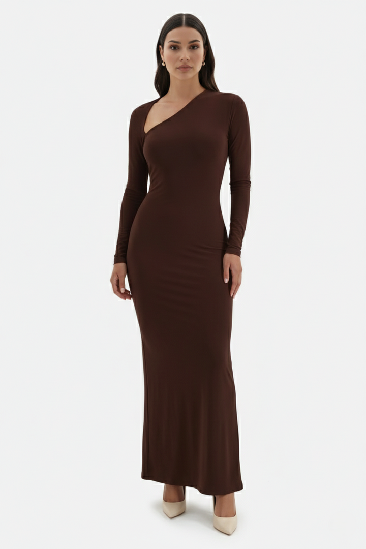 Bodycon Maxi Dress Asymmetric Cutout Long Sleeve