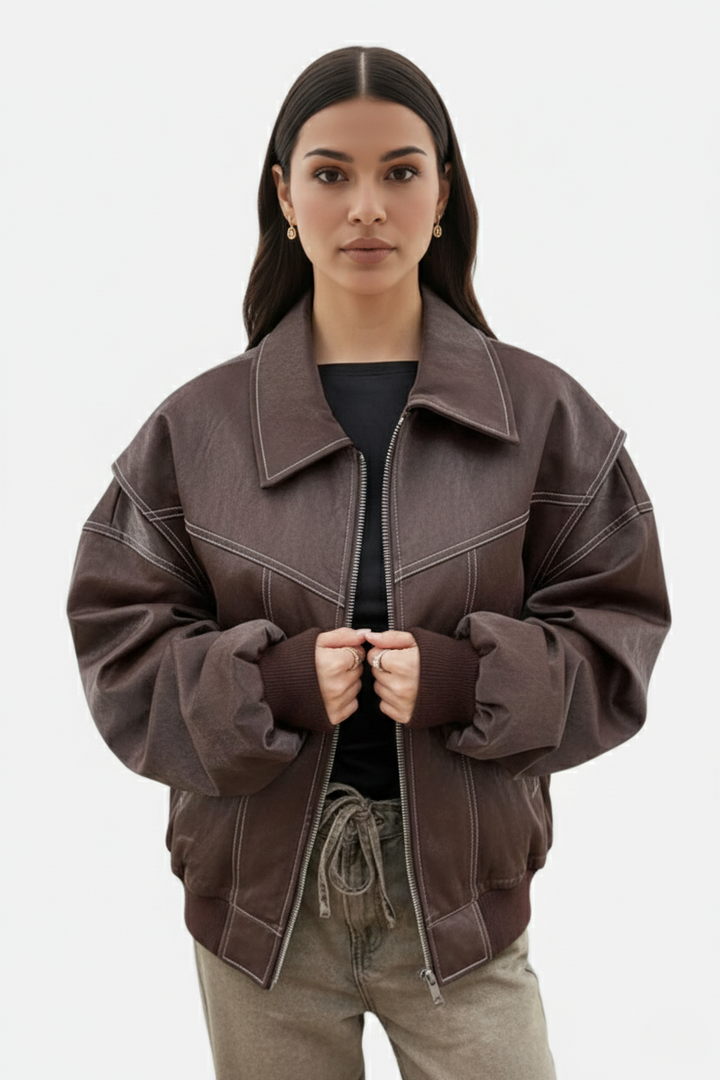 Faux Leather Zip Up Bomber Jacket with Ribbed Cuffs