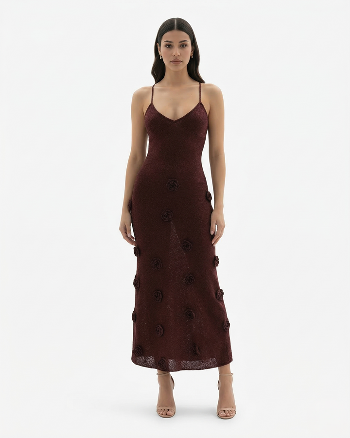 Floral Applique Maxi Dress V Neck Spaghetti Strap Backless