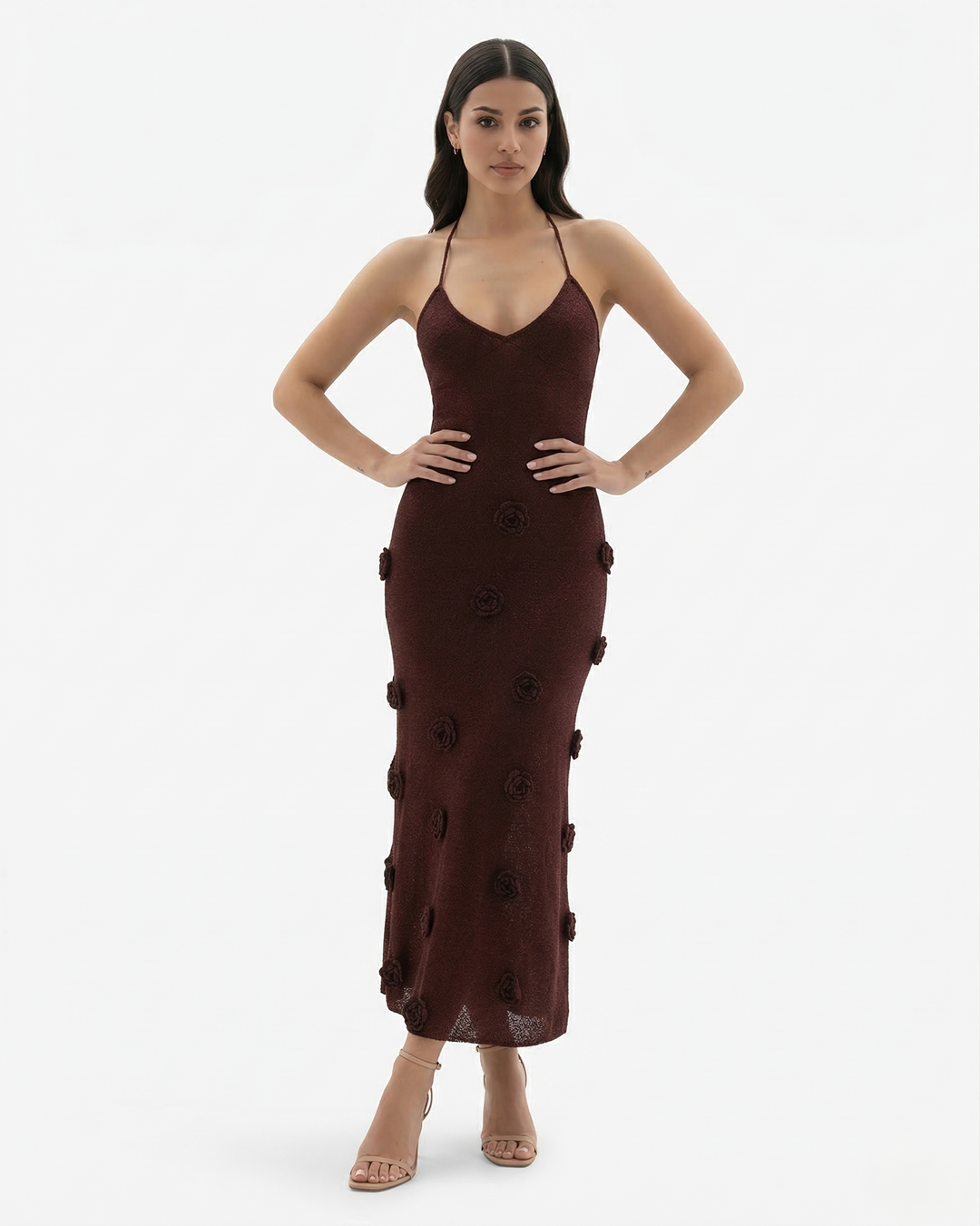 Floral Applique Maxi Dress V Neck Spaghetti Strap Backless