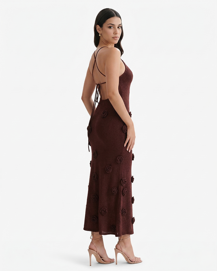 Floral Applique Maxi Dress V Neck Spaghetti Strap Backless