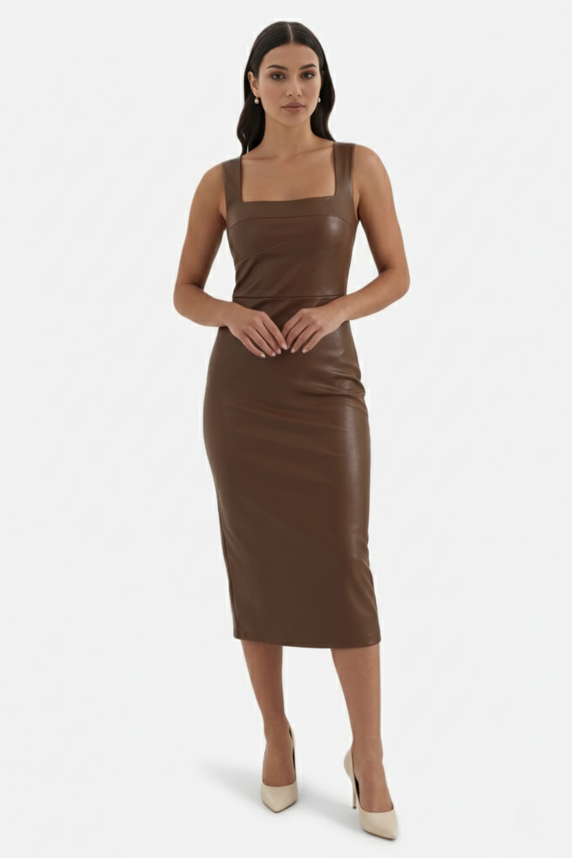 Faux Leather Square-Neck Sleeveless Midi Dress