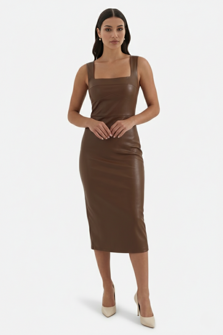 Faux Leather Square-Neck Sleeveless Midi Dress