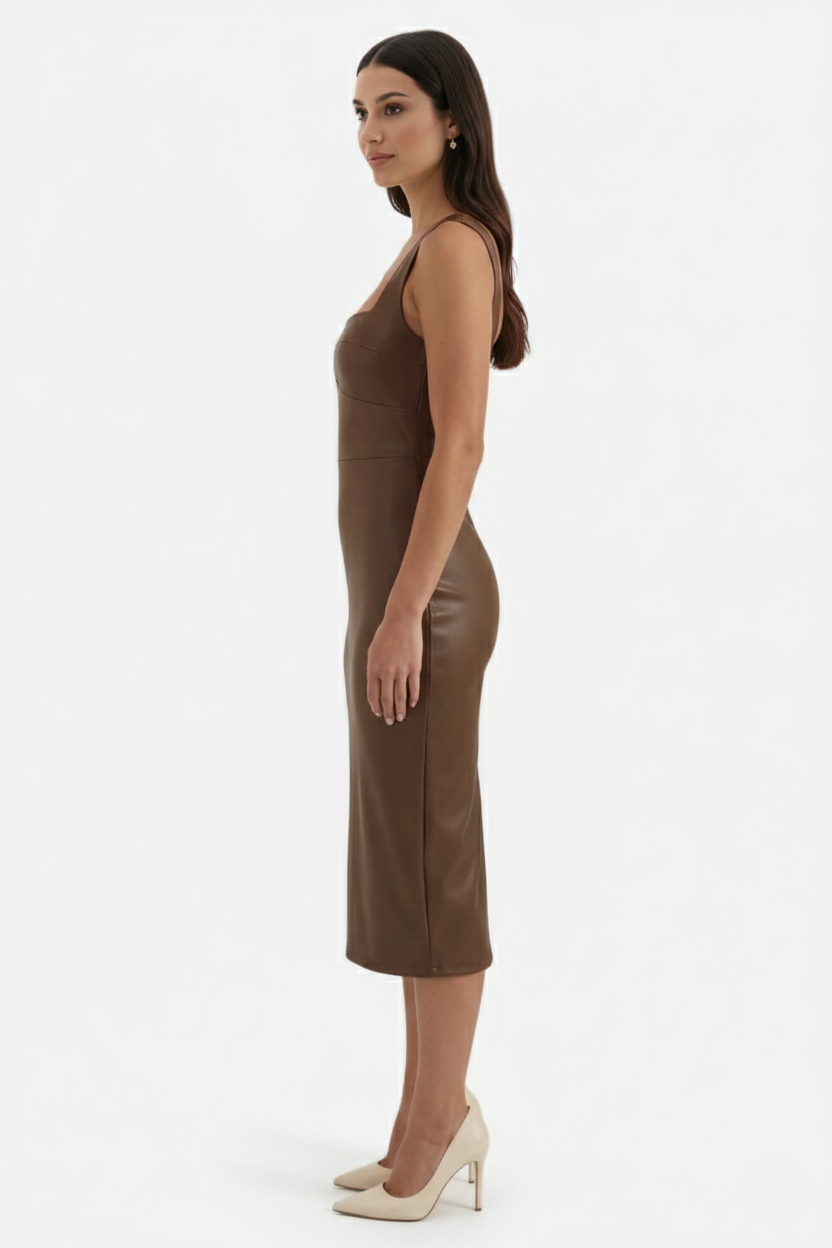 Faux Leather Square-Neck Sleeveless Midi Dress