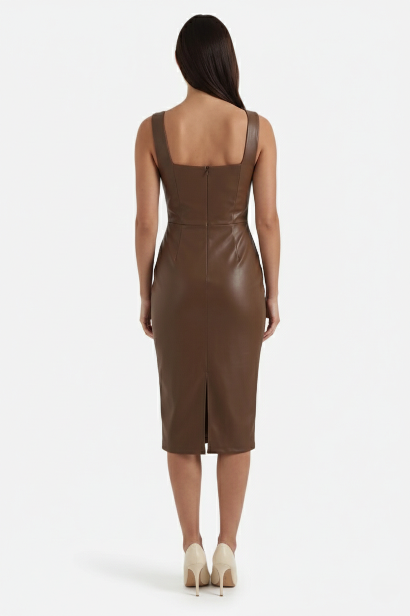 Faux Leather Square-Neck Sleeveless Midi Dress