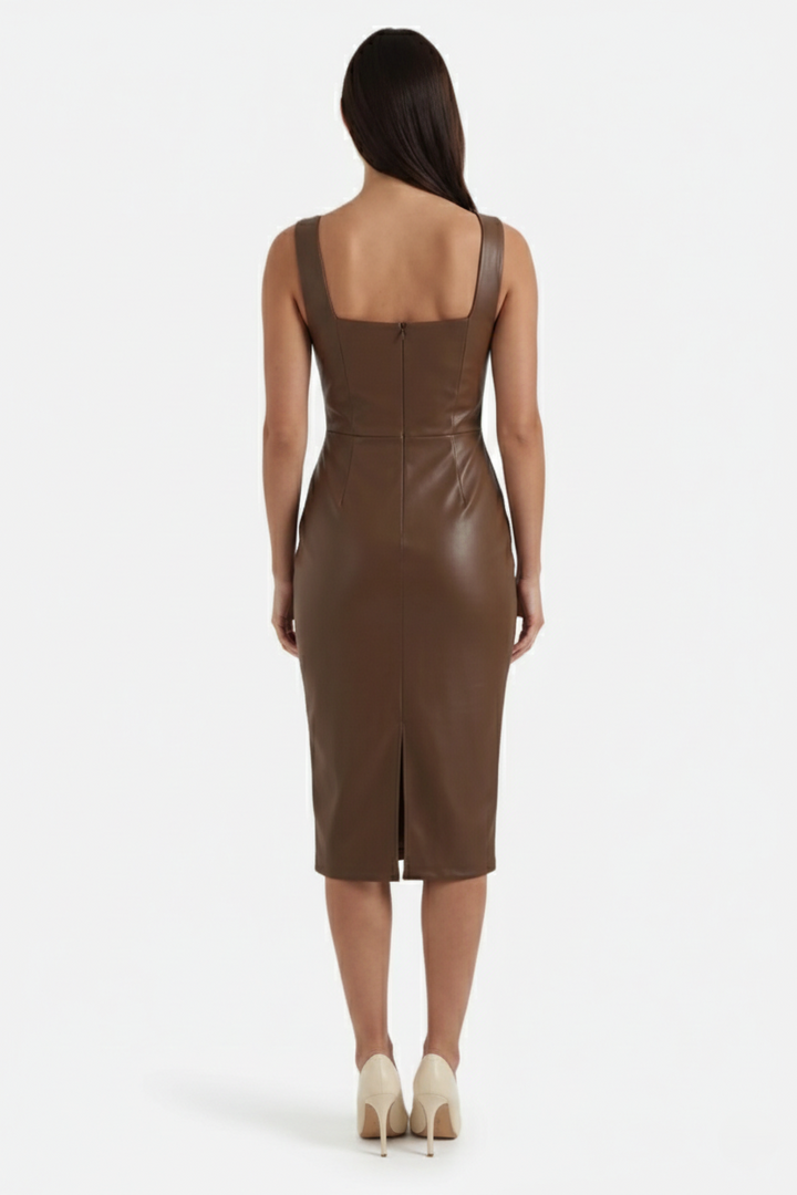 Faux Leather Square-Neck Sleeveless Midi Dress