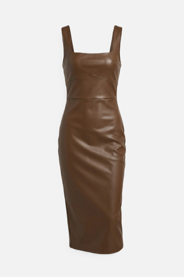 Faux Leather Square-Neck Sleeveless Midi Dress