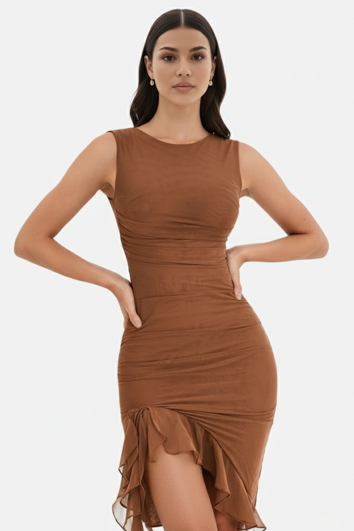 Ruched Sleeveless Bodycon Midi Dress Ruffle Side Slit