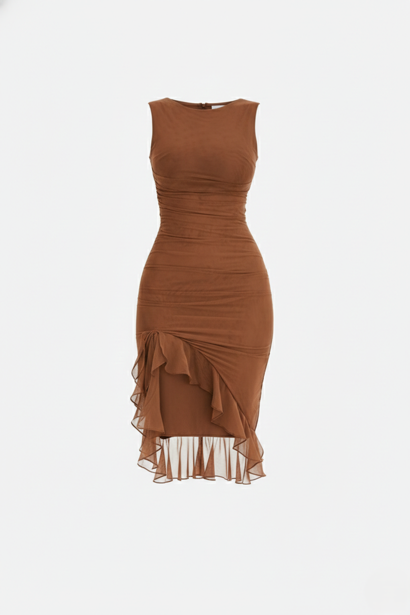 Ruched Sleeveless Bodycon Midi Dress Ruffle Side Slit