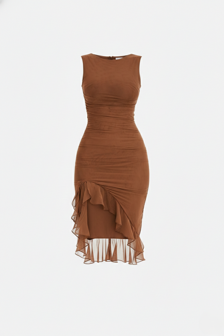 Ruched Sleeveless Bodycon Midi Dress Ruffle Side Slit