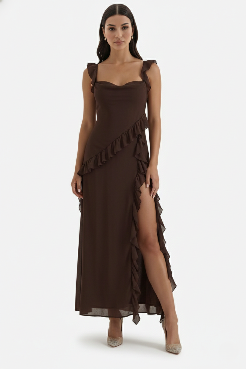 Sleeveless Ruffle Trim Maxi Dress with Front Slit