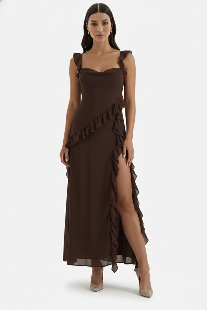 Sleeveless Ruffle Trim Maxi Dress with Front Slit