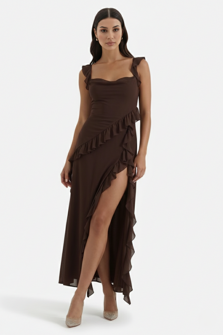 Sleeveless Ruffle Trim Maxi Dress with Front Slit