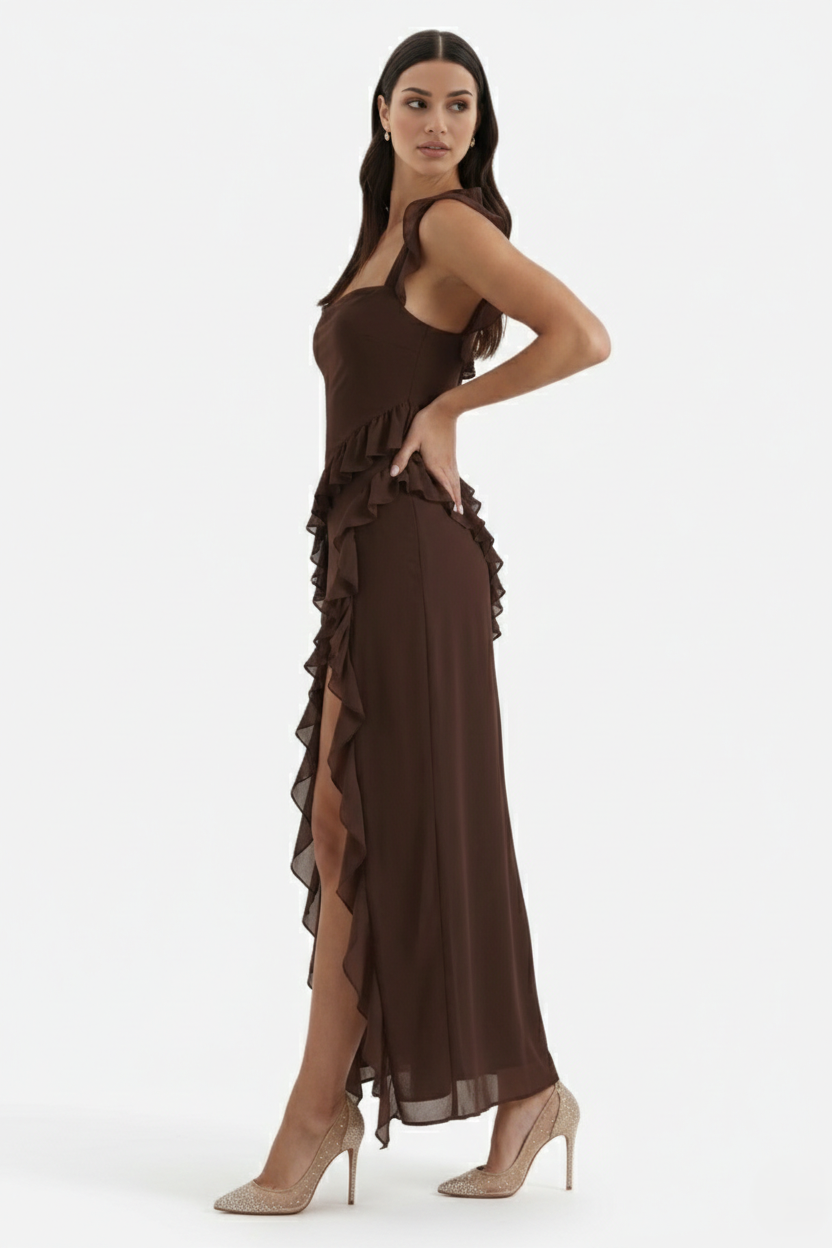 Sleeveless Ruffle Trim Maxi Dress with Front Slit