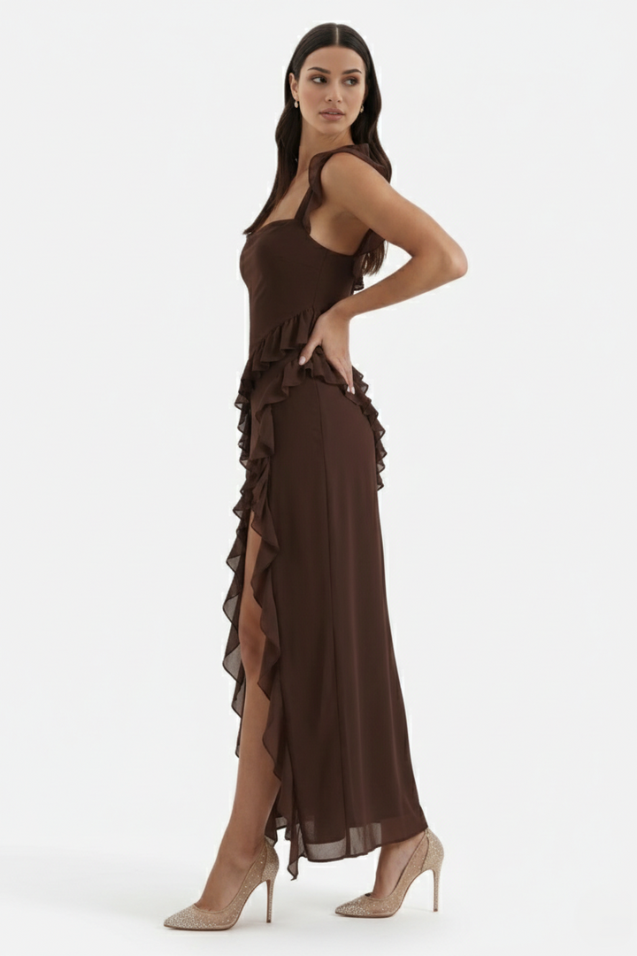 Sleeveless Ruffle Trim Maxi Dress with Front Slit