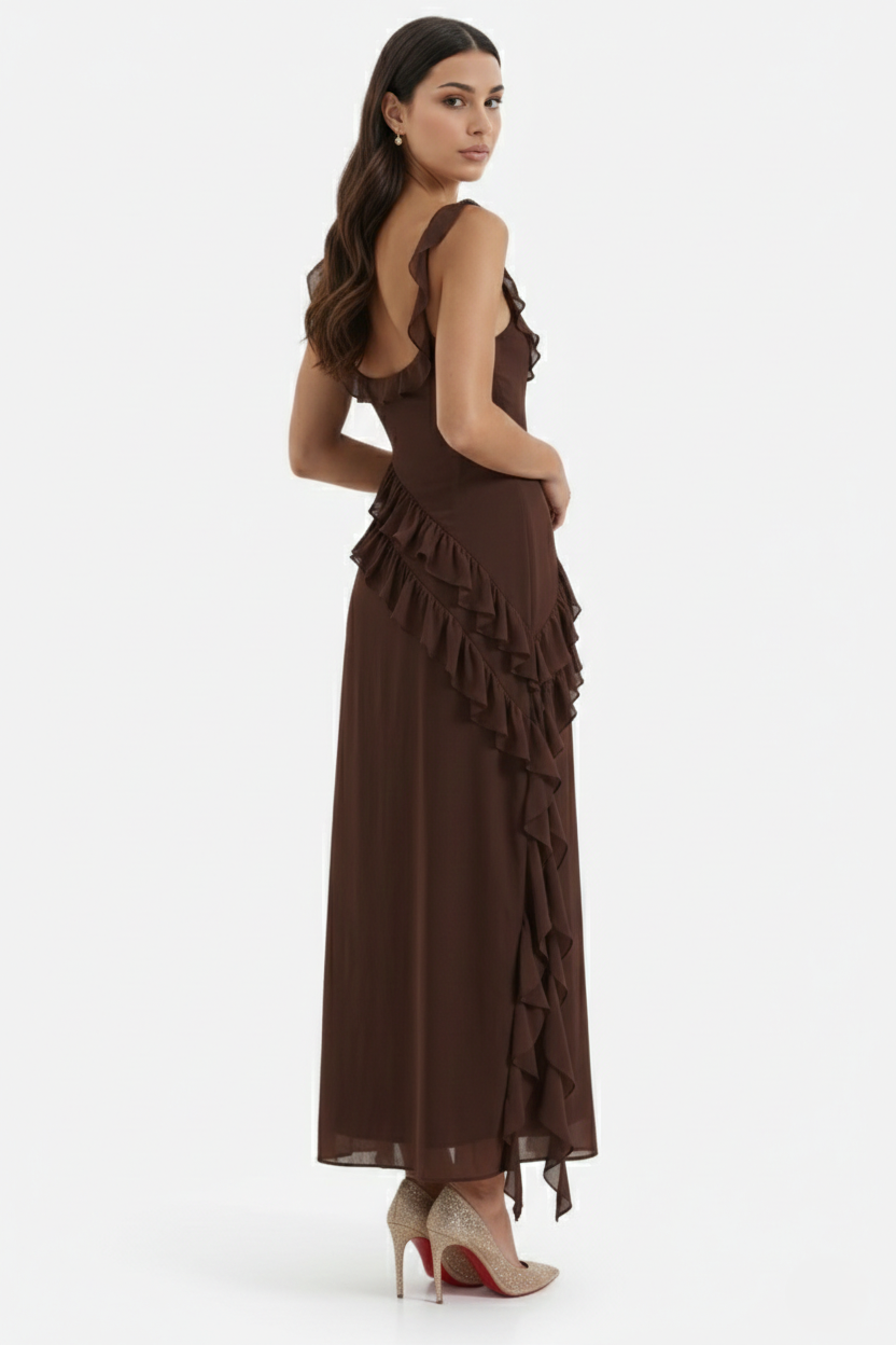 Sleeveless Ruffle Trim Maxi Dress with Front Slit