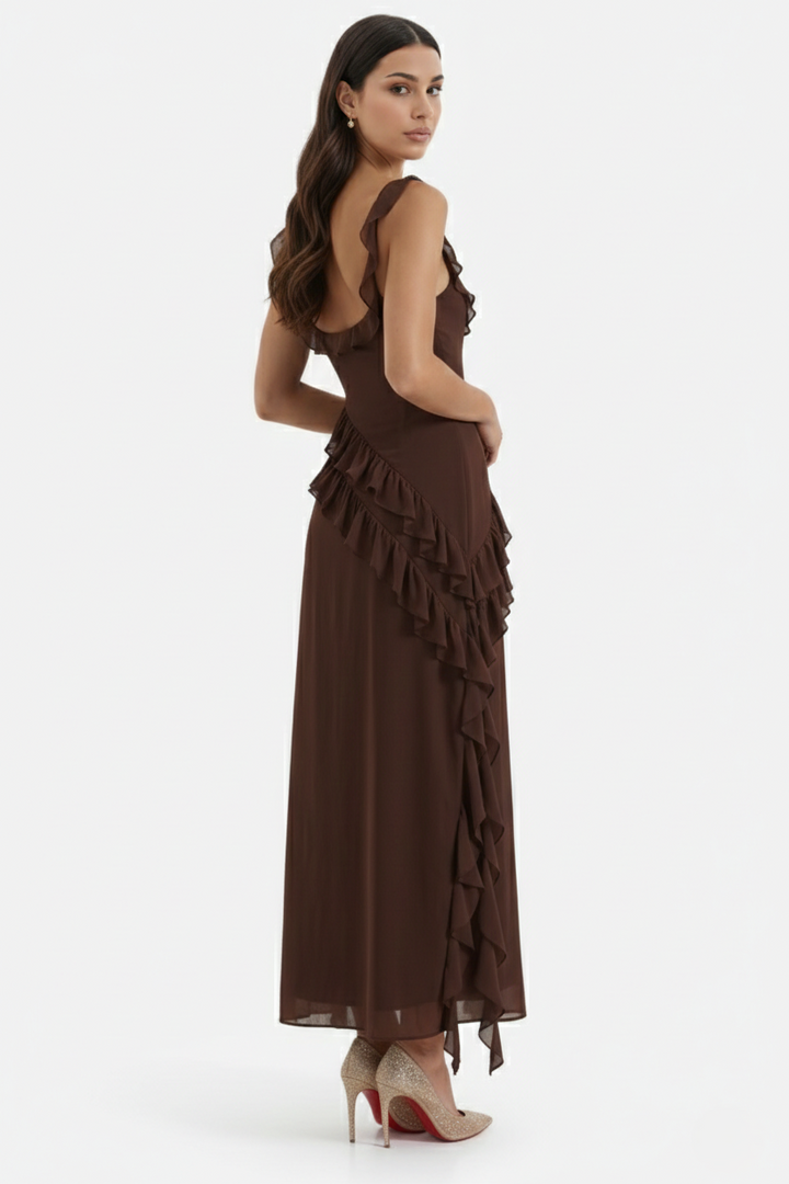 Sleeveless Ruffle Trim Maxi Dress with Front Slit