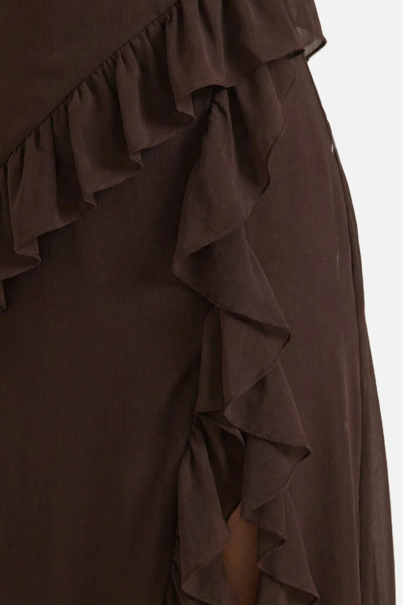 Sleeveless Ruffle Trim Maxi Dress with Front Slit