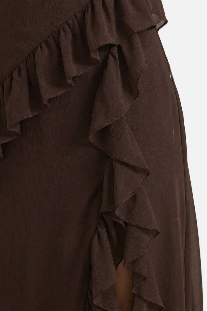 Sleeveless Ruffle Trim Maxi Dress with Front Slit
