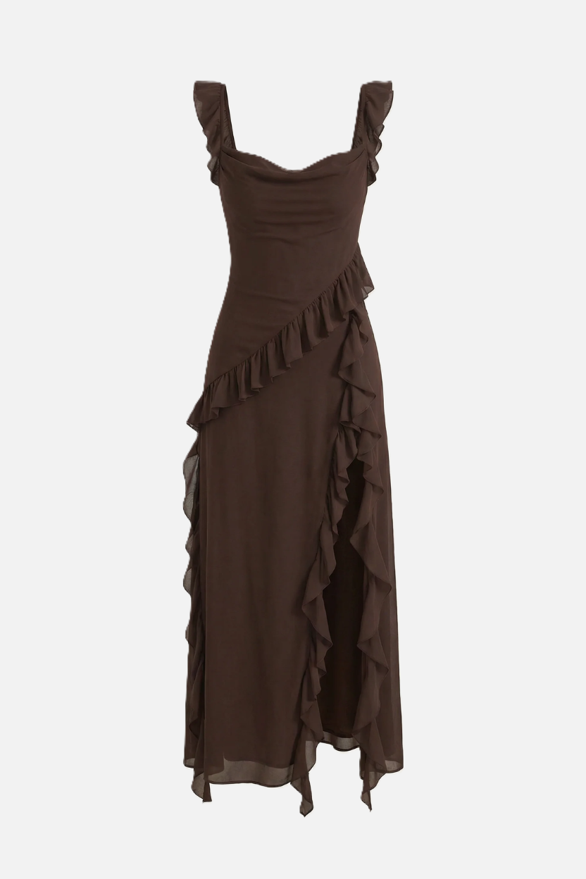 Sleeveless Ruffle Trim Maxi Dress with Front Slit