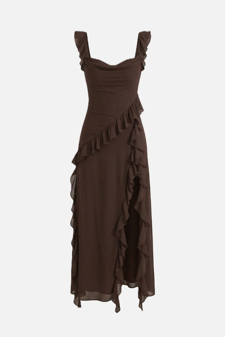 Sleeveless Ruffle Trim Maxi Dress with Front Slit