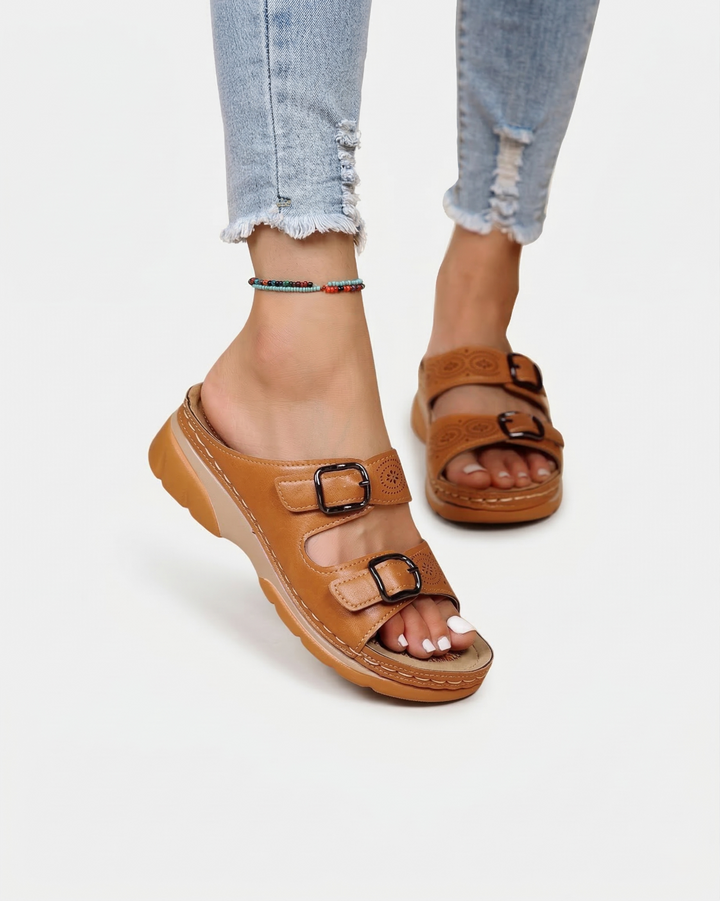 Slide Sandals Low Wedge Double Buckle Open Toe