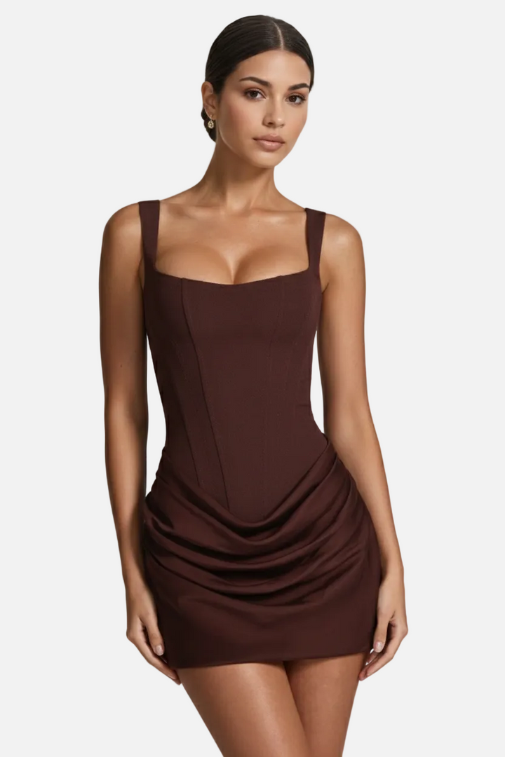 Square Neck Bodycon Mini Dress with Ruched Draped Skirt