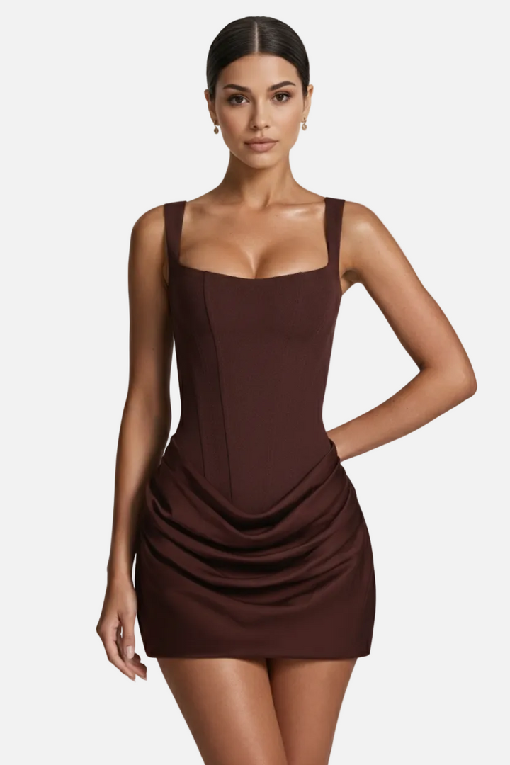 Square Neck Bodycon Mini Dress with Ruched Draped Skirt