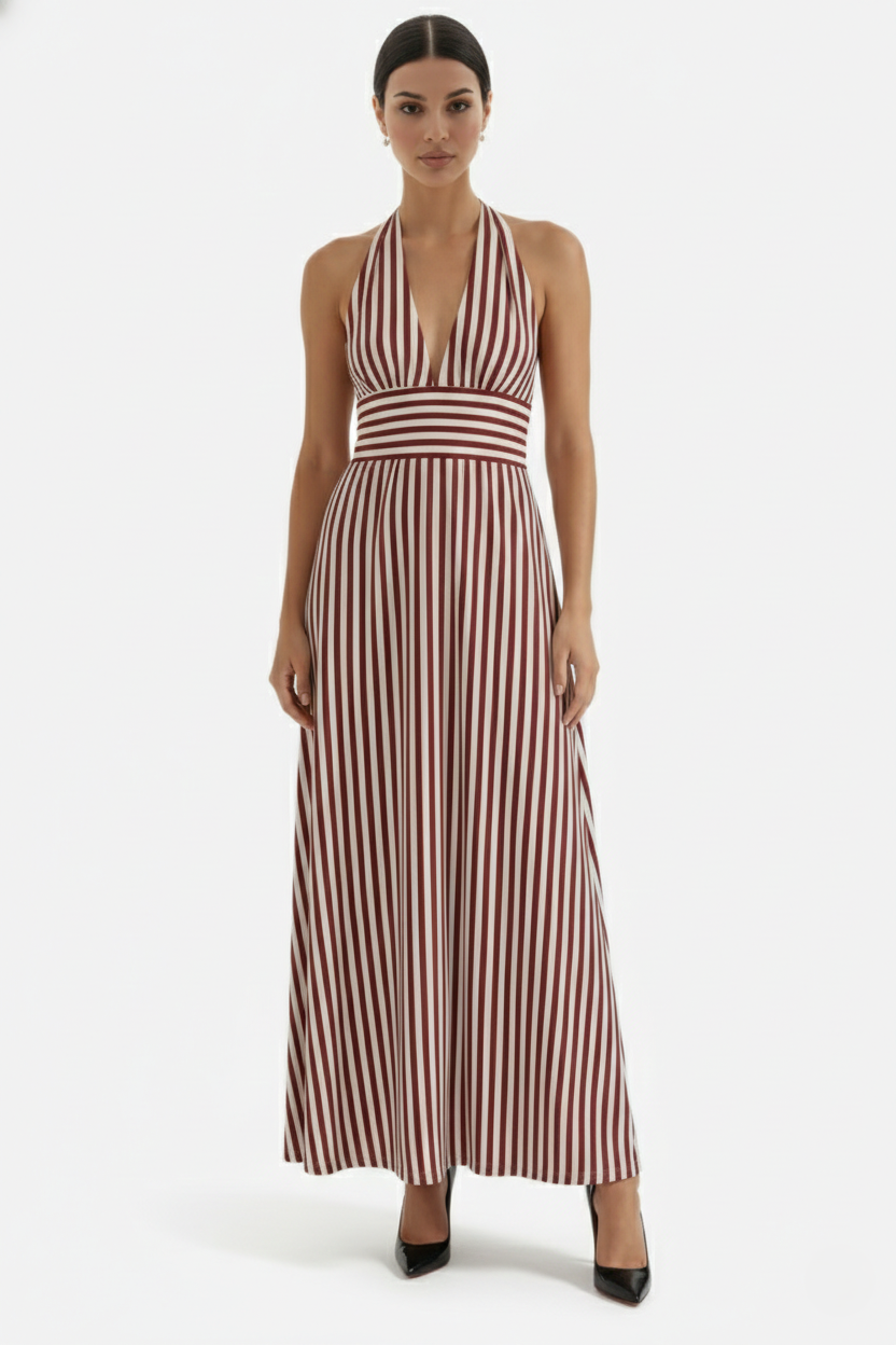 Striped Halter Neck Maxi Dress with Open Back