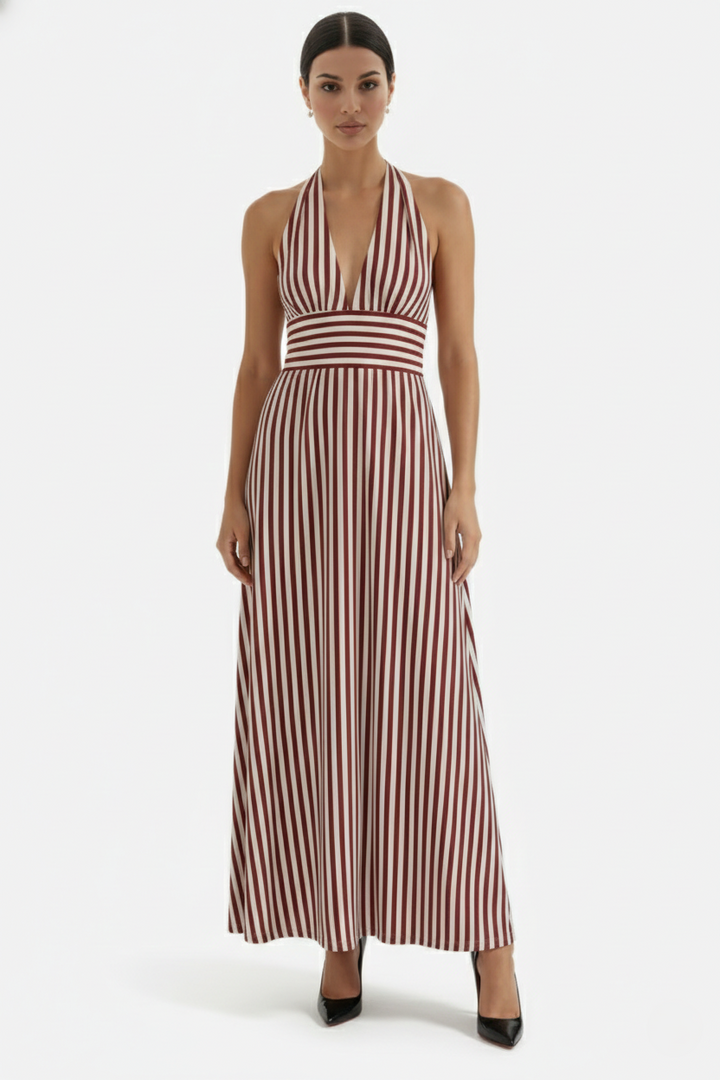 Striped Halter Neck Maxi Dress with Open Back