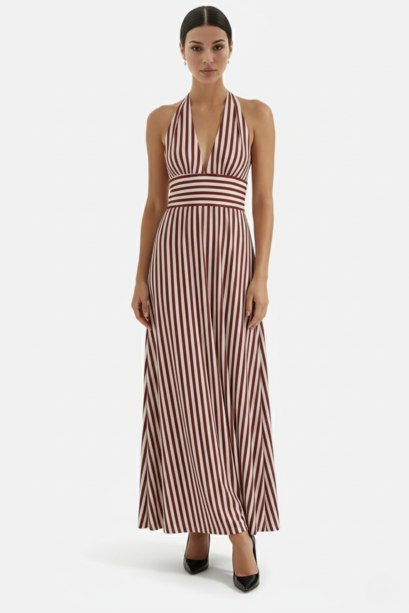 Striped Halter Neck Maxi Dress with Open Back