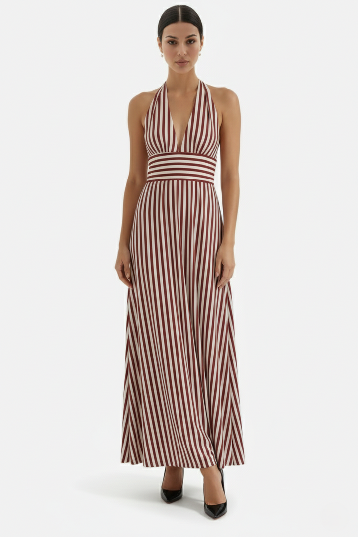 Striped Halter Neck Maxi Dress with Open Back